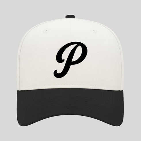 White and black cap with a black 'P' logo on a light gray background